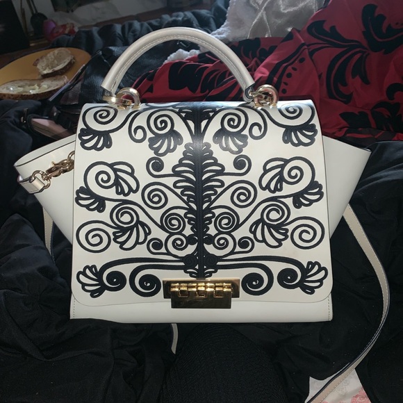 Zac Posen White Leather Tote with Black Embroidery - Picture 2 of 8